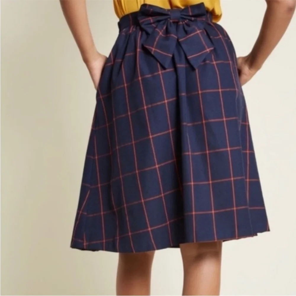 ModCloth Redefined Timing A-Line Skirt, Navy Blue & Red Stripe Plaid